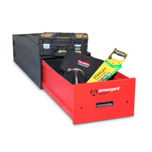 TrekDror van security drawer for van racking - open with tools inside, including a hammer and saw