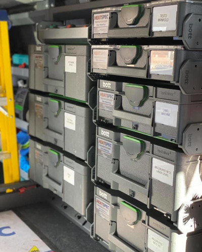 Van racking for plumbers - bott boxes stacked up - van storage boxes fitted into van racking