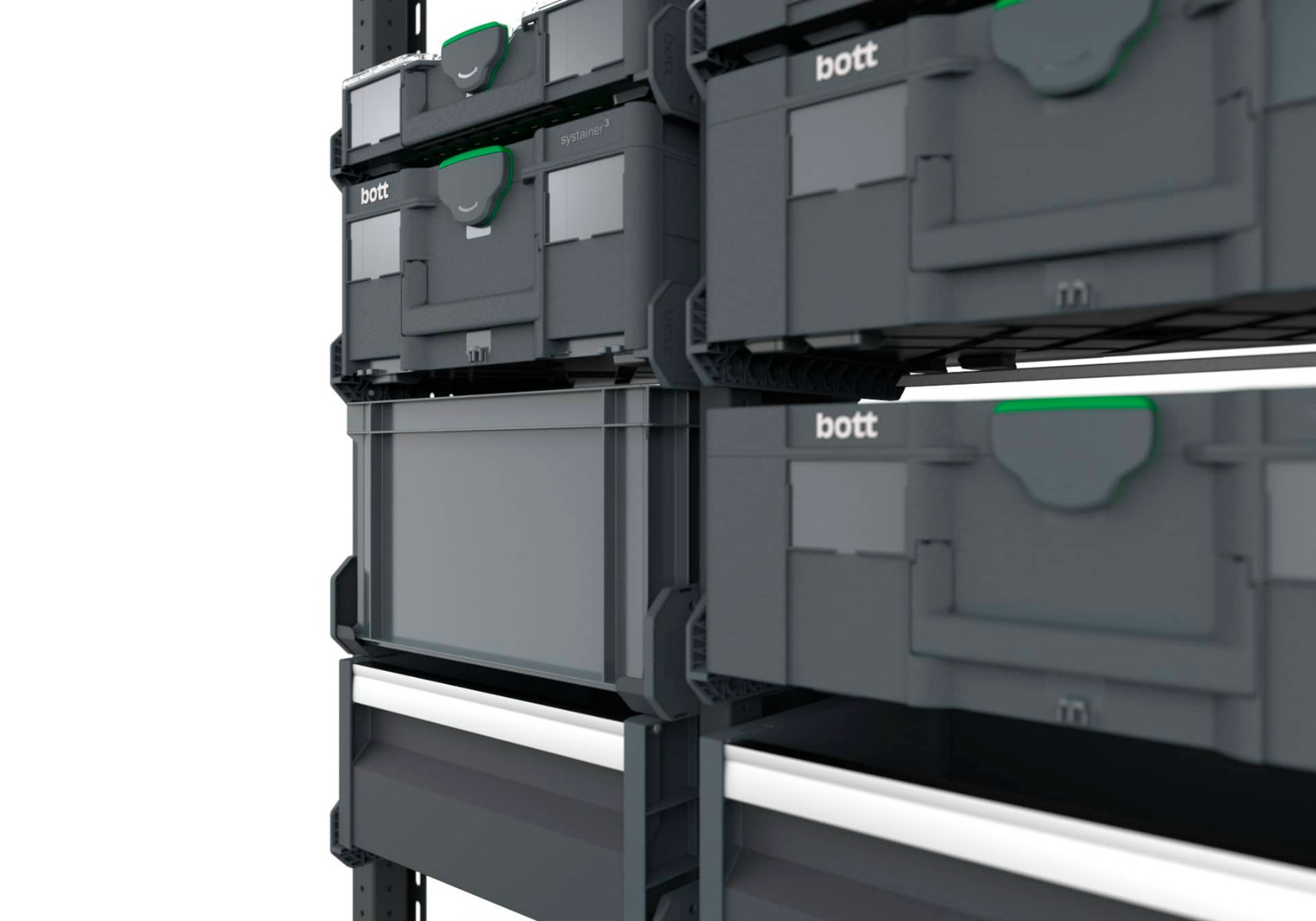 Close up of bott Systainer cases and eurobox stacked in van racking