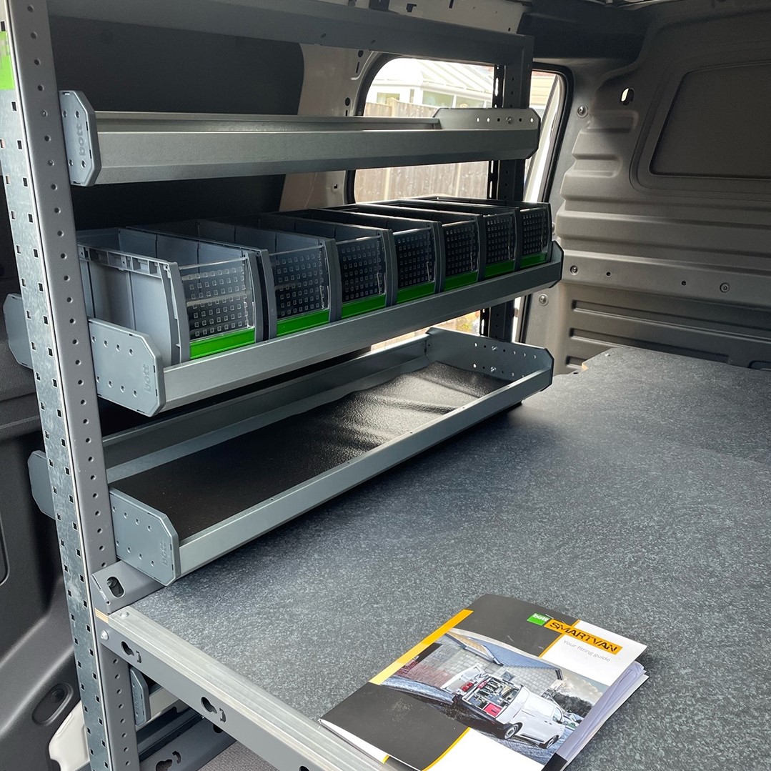 van shelving and organiser boxes for small parts and consumables